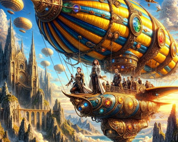 Intricate Steampunk Airship Over Majestic Landscape