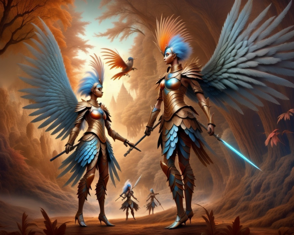 Armored angelic warriors in a mystical forest setting