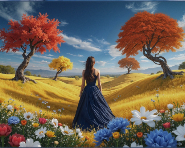 Serene Landscape with Woman in Blue Dress and Vibrant Fields