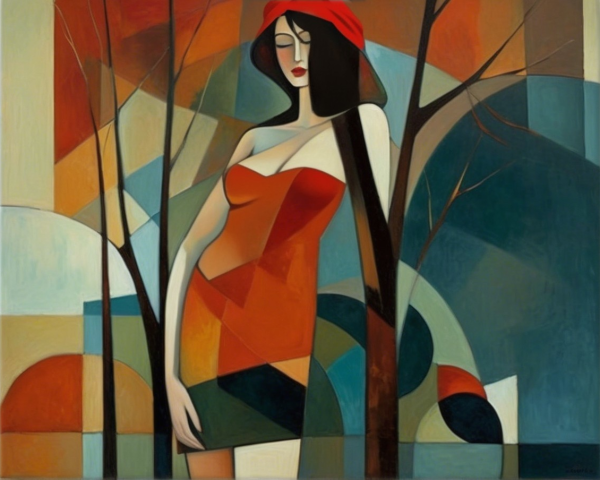 Stylized Woman in Red Hat with Geometric Background