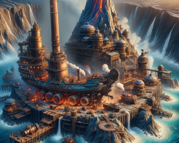 Steampunk Island with Volcano and Intricate Machinery