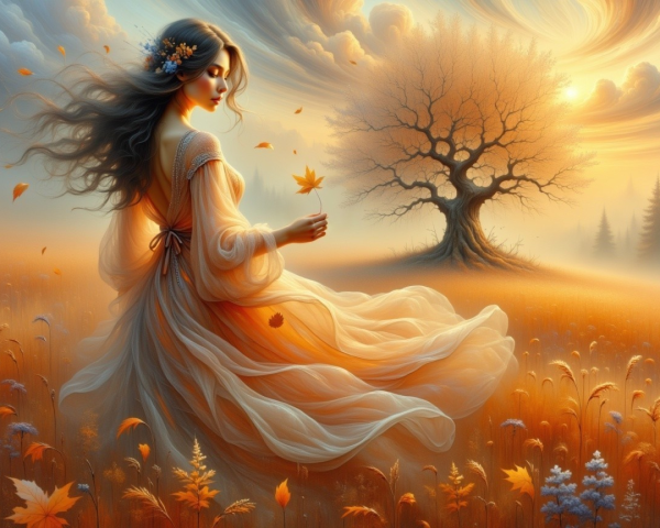 Serene Woman in Ethereal Dress Amid Autumn Landscape