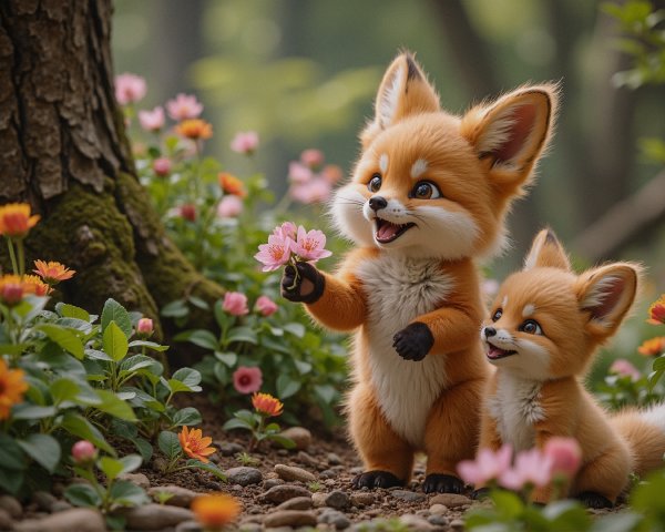 Fox Cubs in a Colorful Flower-filled Forest