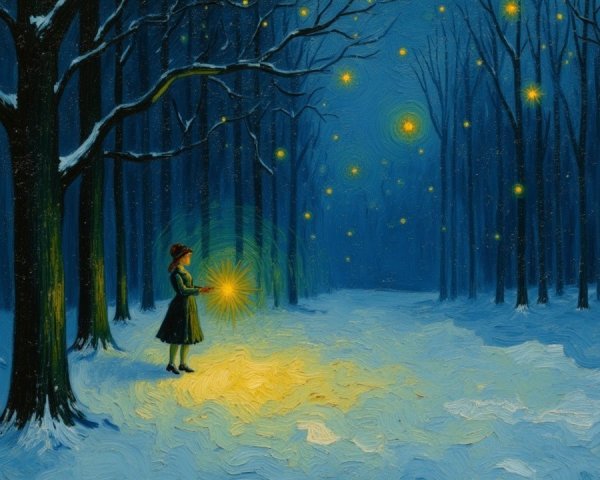 Young girl in winter forest with glowing light and stars