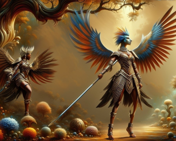 Winged Warrior and Armored Figure in Mystical Forest