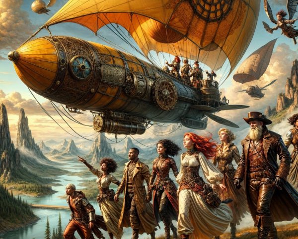 Diverse Adventurers with Steampunk Airship in Landscape