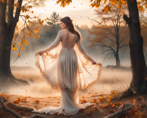 Autumn Landscape with Woman in Flowing Gown