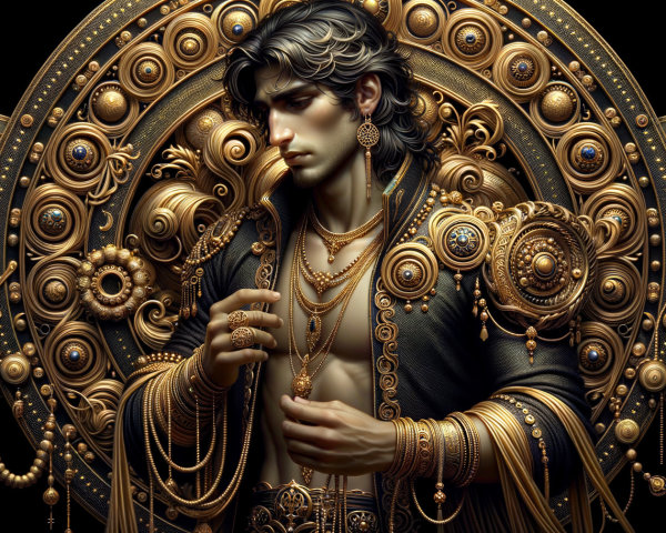 Elegant figure against ornate gold backdrop with jewelry