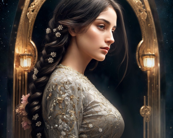 Young woman in elegant gown with celestial backdrop