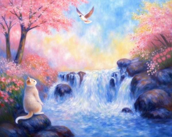 Serene landscape with waterfall and blossoming trees