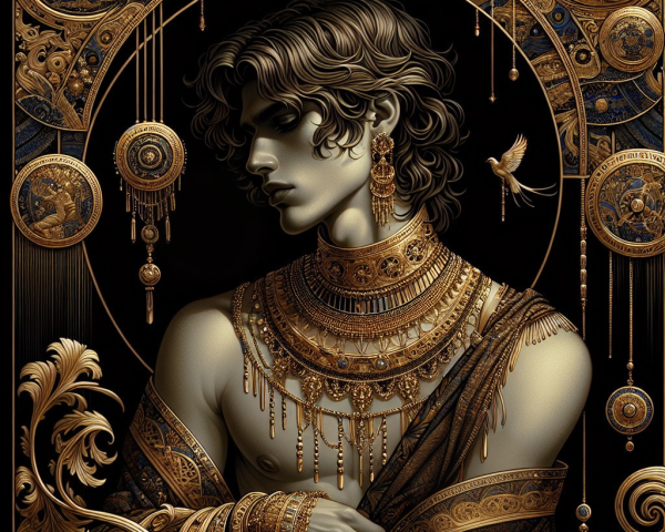 Regal Figure in Golden Jewelry and Ornate Motifs
