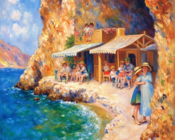 Coastal Scene with Café and Sunbathers by the Sea