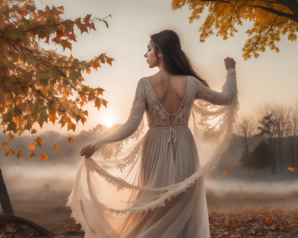 Woman in gown in misty autumn landscape at sunset