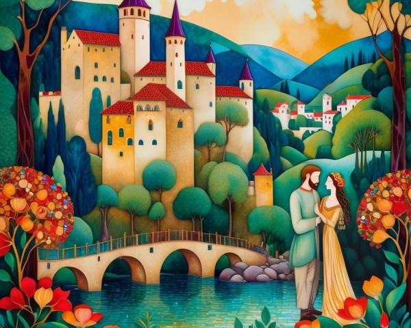Whimsical Landscape with Couple and Fairy Tale Castle