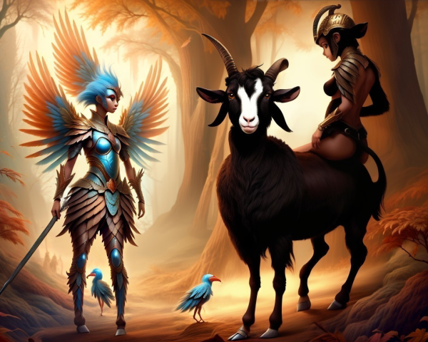 Warrior with Blue Wings and Black Goat in Enchanted Forest