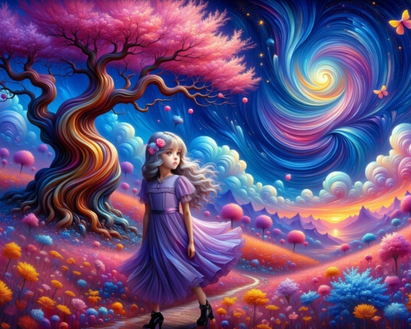 Whimsical Landscape with Girl in Purple Dress