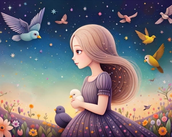 Young girl holding a chick in a vibrant floral scene