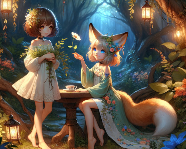 Magical Forest Glade with Enchanting Figures and Lanterns