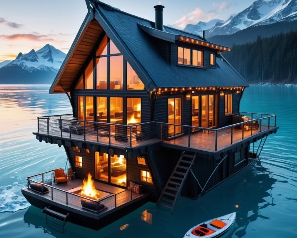 Floating House on Turquoise Waters with Mountain View