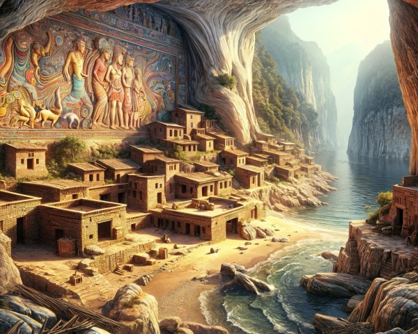 Cave Landscape with Ancient Carvings and Shoreline