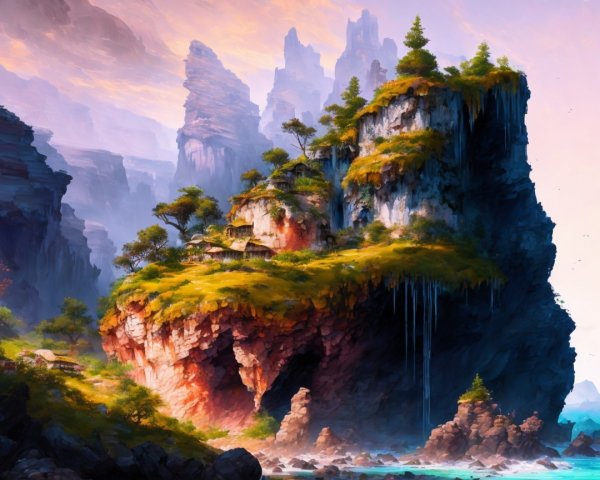 Rugged Island Landscape with Cliffs and Cascading Water