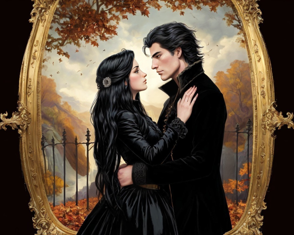 Romantic Couple Embraced in Autumn Landscape