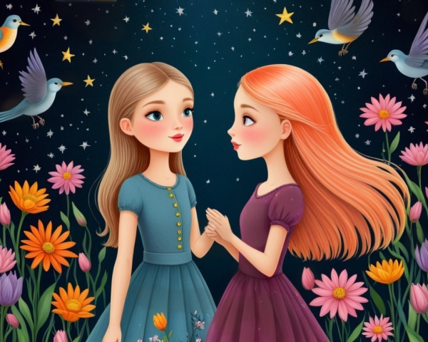 Young girls in colorful dresses under a starry sky