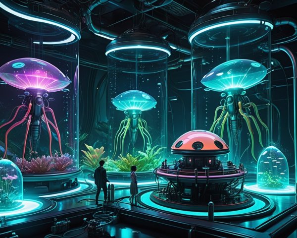 Futuristic Laboratory with Bioluminescent Jellyfish