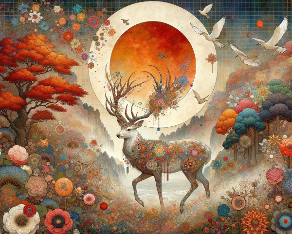Majestic Deer in Vibrant Floral Landscape at Night
