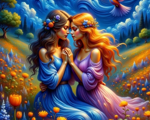 Surreal Landscape with Two Women in Colorful Gowns