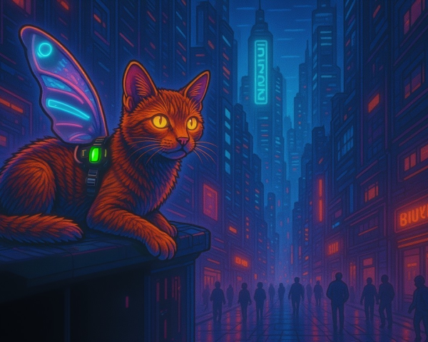 Futuristic Cityscape with Glowing Orange Cat and Neon Lights