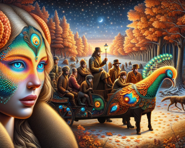 Fantastical Scene with Colorful Patterns and Carriage