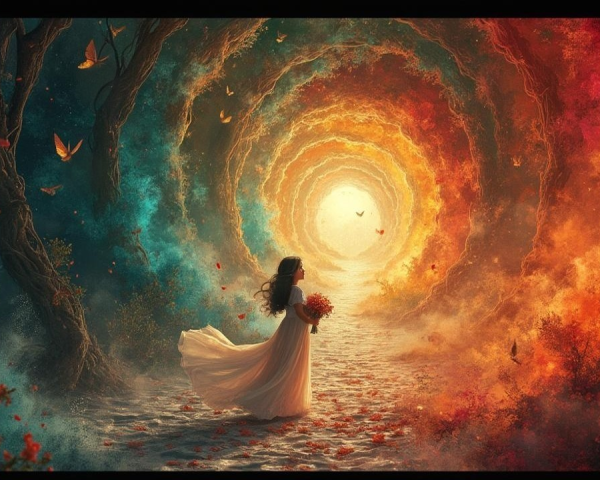 Woman in White Dress at Colorful Tree Tunnel
