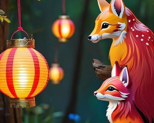 Foxes in a Forest with Lanterns and Lush Greenery