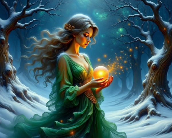 Woman in Green Gown with Glowing Orb in Snowy Forest