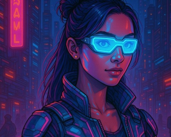 Futuristic urban scene with neon blue glasses and cityscape