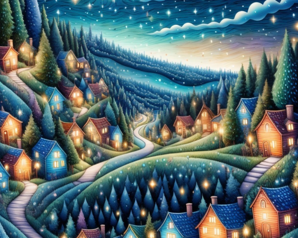 Starry Night Scene of a Charming Hillside Village