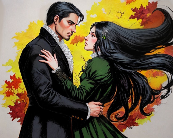Dramatic Encounter in Autumn Leaves with Elegant Attire