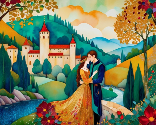 Couple Embraces in Whimsical Castle Landscape