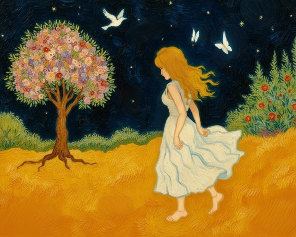 Young woman in white dress walks through golden landscape