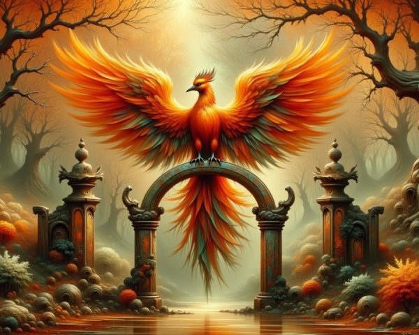 Majestic phoenix on ornate gate in mystical forest