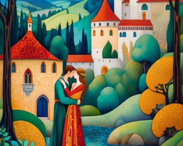 Romantic Couple in Vibrant Fairy Tale Landscape