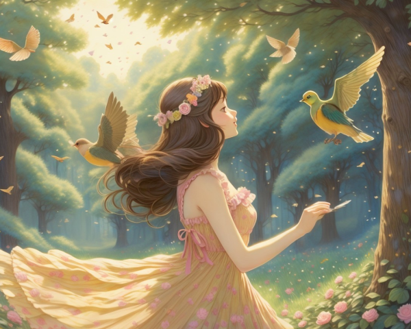 Sunlit Forest Scene with Woman in Floral Crown