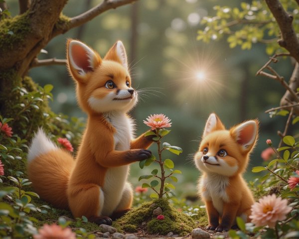 Foxes in a serene forest with flowers and sunlight