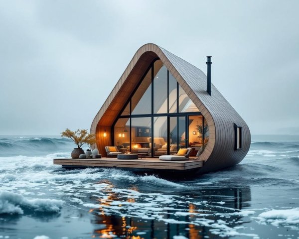 Modern Triangular Wooden House on Tranquil Waters