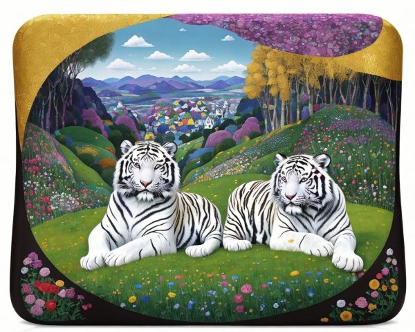 White tigers in a flower-filled meadow landscape