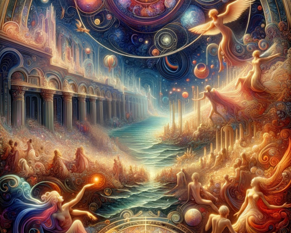 Intricate Cosmic Scene with Celestial Bodies and Colors