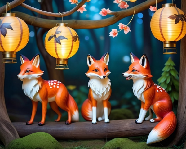 Three Detailed Fox Figurines Under Cherry Blossom Lanterns