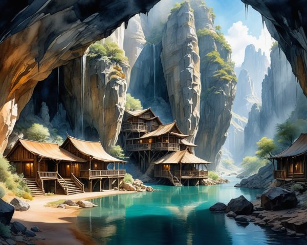 Picturesque Wooden Houses by a Tranquil River