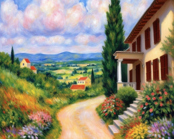 Vibrant Landscape with Winding Road and House